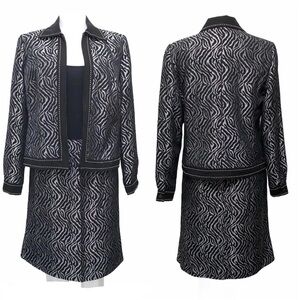 Black & Silver Metallic Zebra Print Zip Front Blazer & Skirt Career Suit SZ 6/8